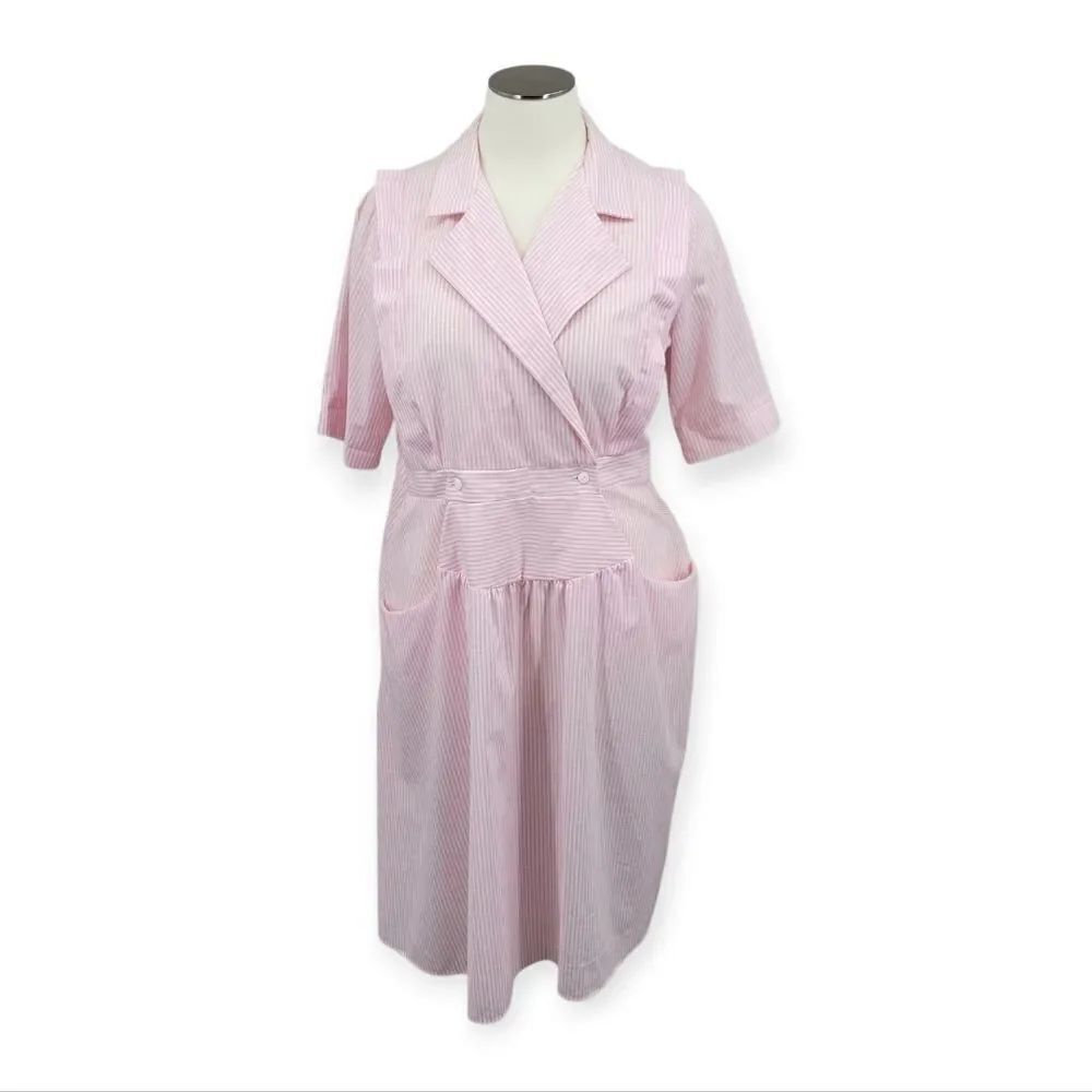 Alicia Vintage 80s Pastel Pink Striped Short Sleeve Midi Dress Candy Stripper